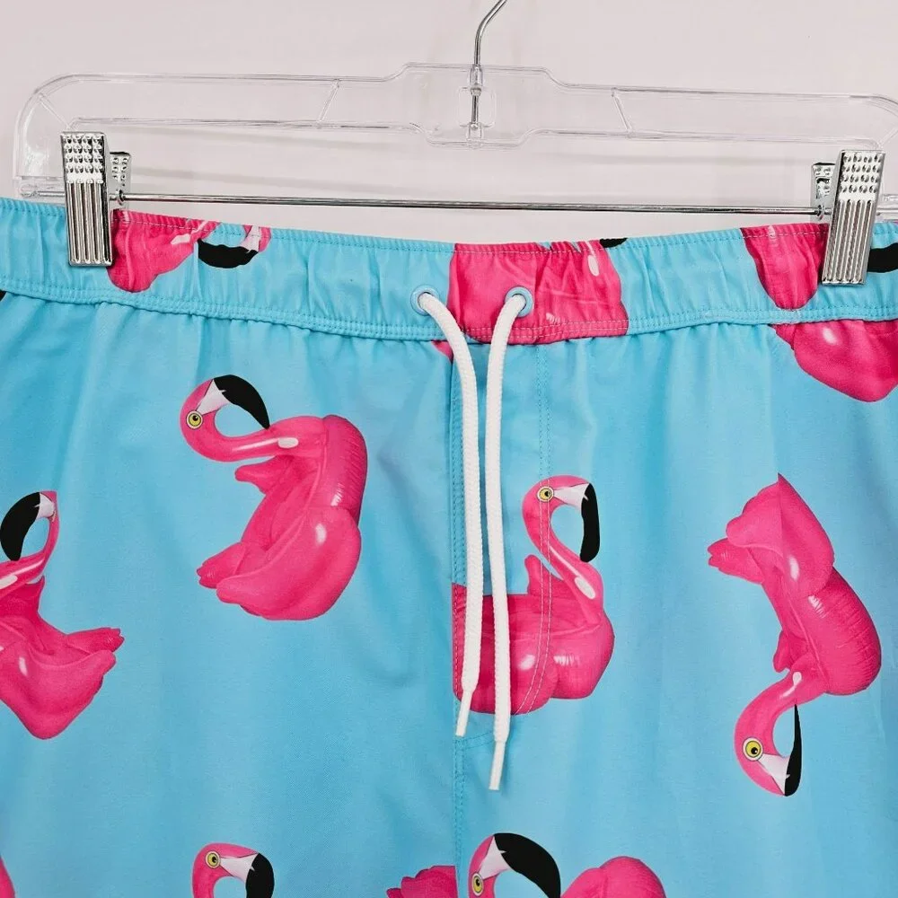 Asos Swim Shorts 2XL Blue Pink Flamingo Print Unlined Pockets Elastic Waist Tie